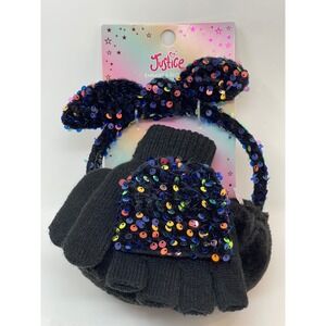 Justice Earmuff & Glove Set Kids OS Black New Sequin Faux Fur Winter Accessory